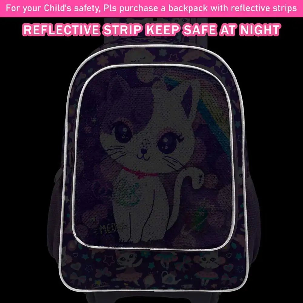 Girls' 3PCS Rolling Backpack Set - Purple Cat Design with Glow-in-the-dark Function, Roller Wheels, and Lunch Bag Purple