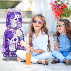 Girls' 3PCS Rolling Backpack Set - Purple Cat Design with Glow-in-the-dark Function, Roller Wheels, and Lunch Bag Purple