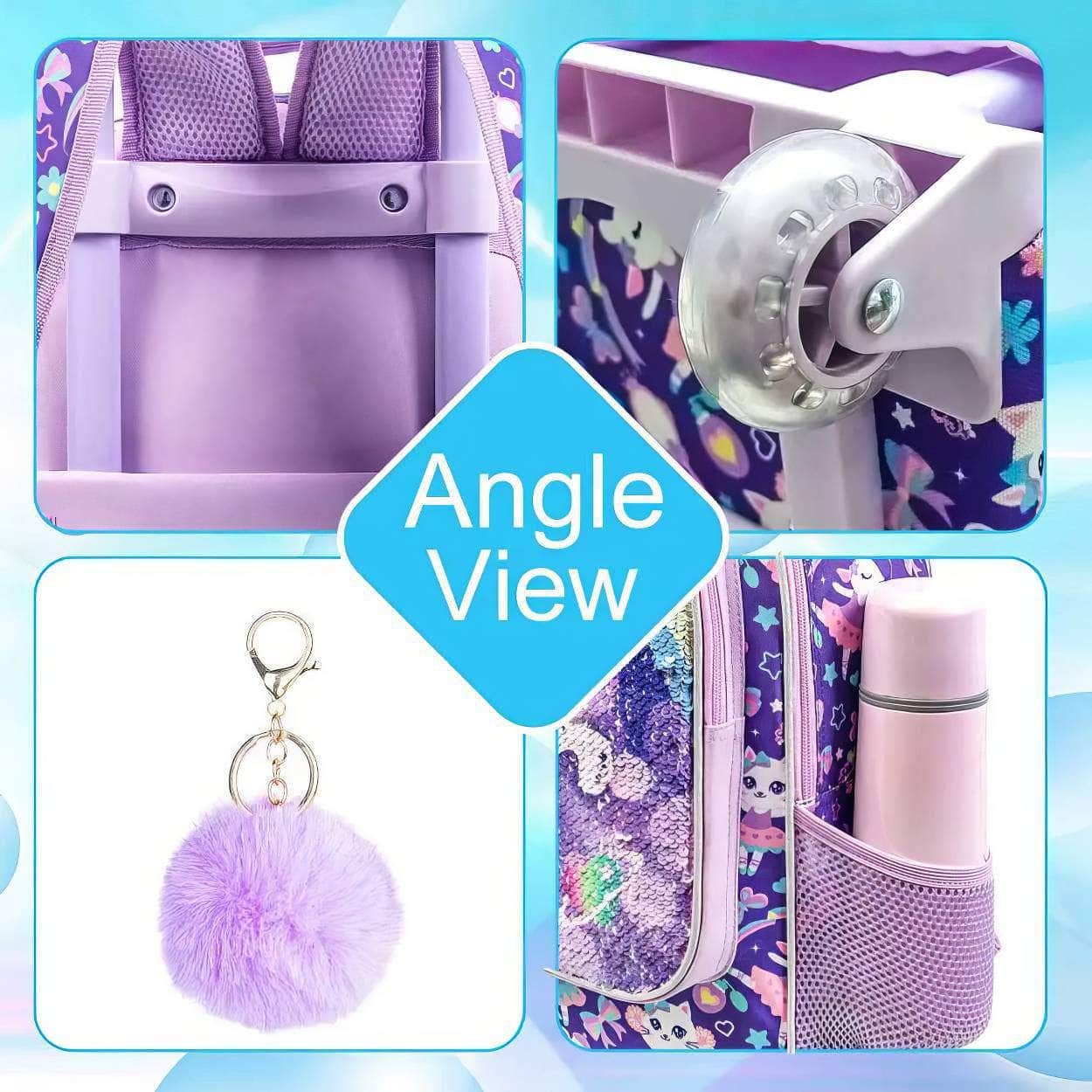 Girls' 3PCS Rolling Backpack Set - Purple Cat Design with Glow-in-the-dark Function, Roller Wheels, and Lunch Bag Purple