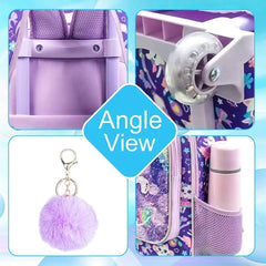 Girls' 3PCS Rolling Backpack Set - Purple Cat Design with Glow-in-the-dark Function, Roller Wheels, and Lunch Bag Purple