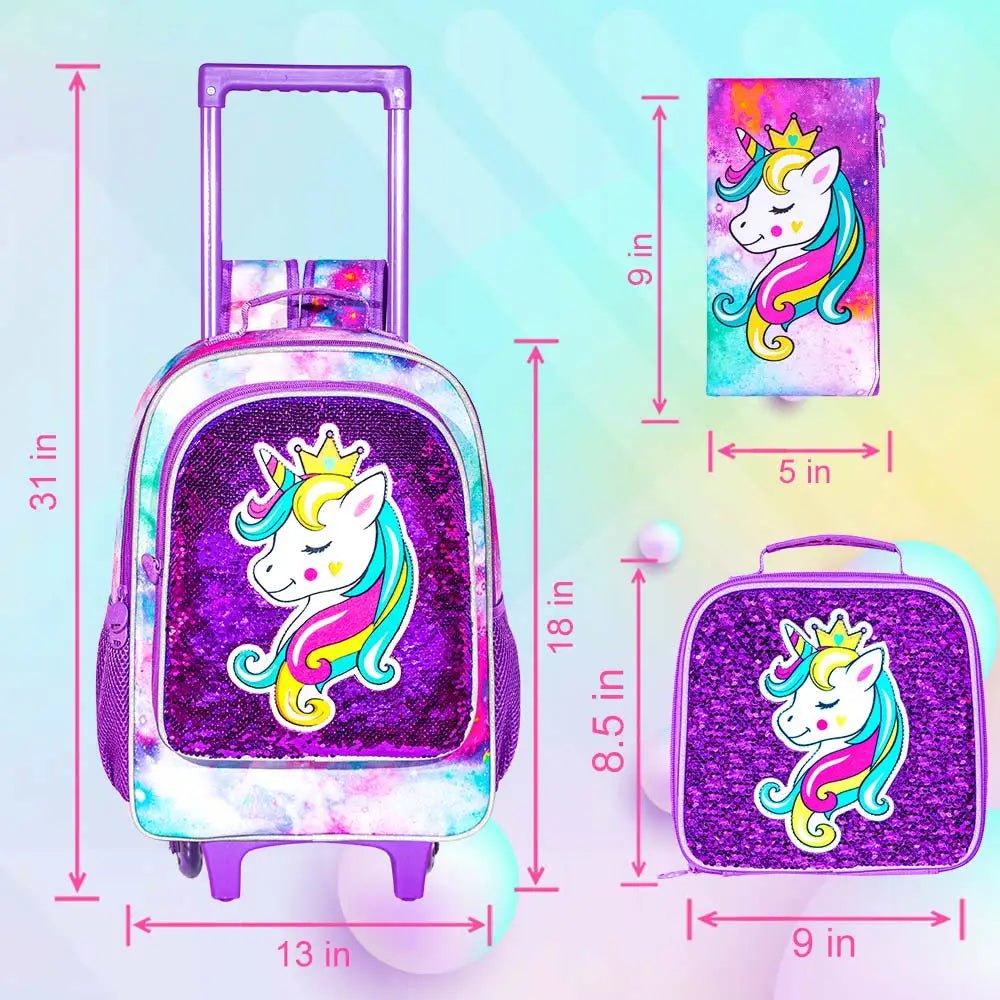 Girls' 3PCS Rolling Backpack Set - Sleeping Unicorn Design with Glow-in-the-dark Function, Roller Wheels, and Lunch Bag Purple