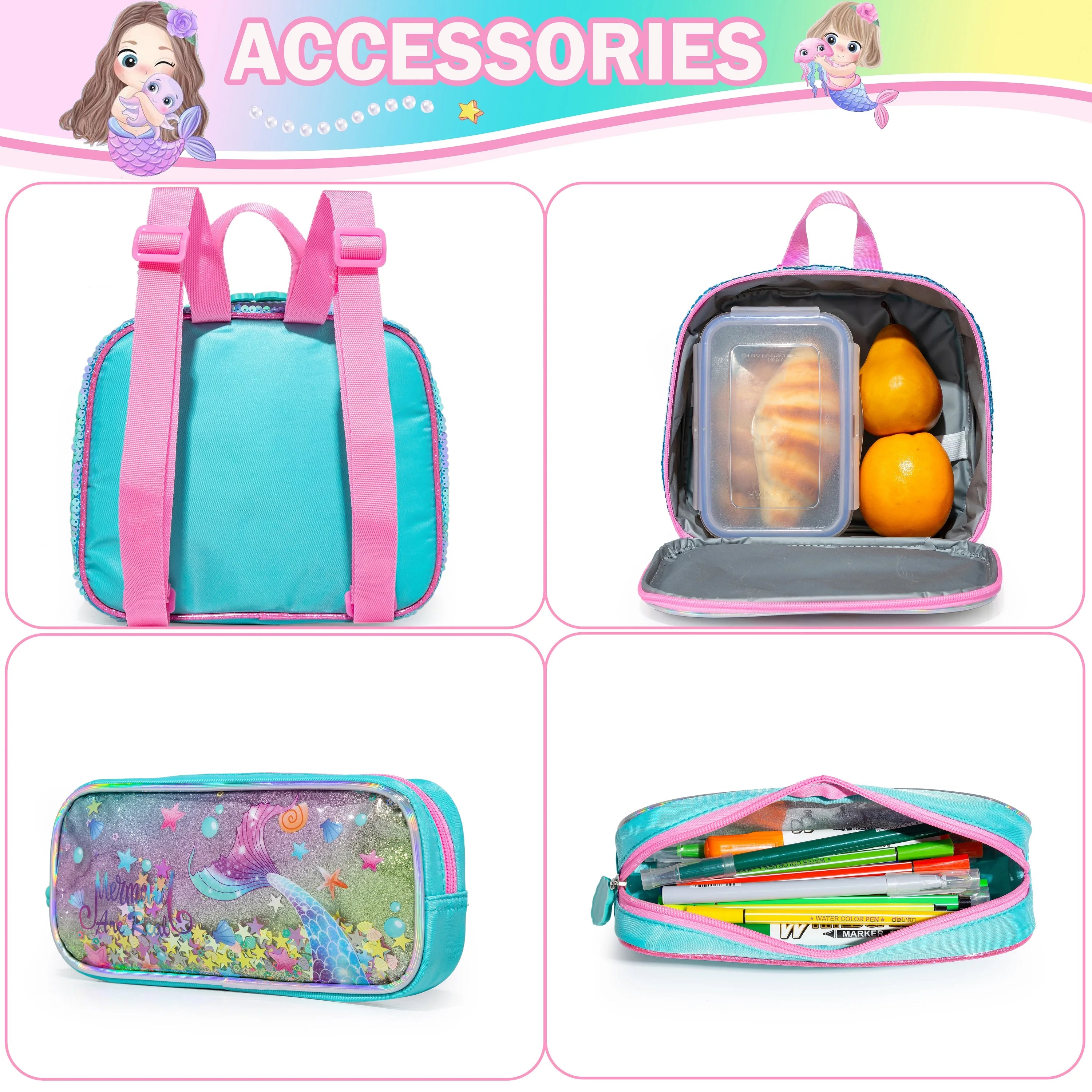 Girls' Backpack Set: School Bookbag with Matching Lunch Box