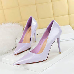 Glossy Finish Pointy Toe Court Heels