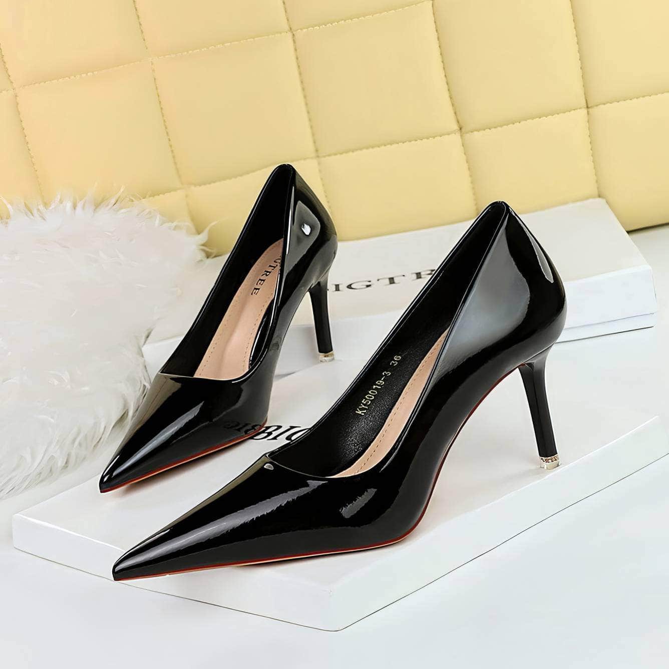 Glossy Finish Pointy Toe Court Heels