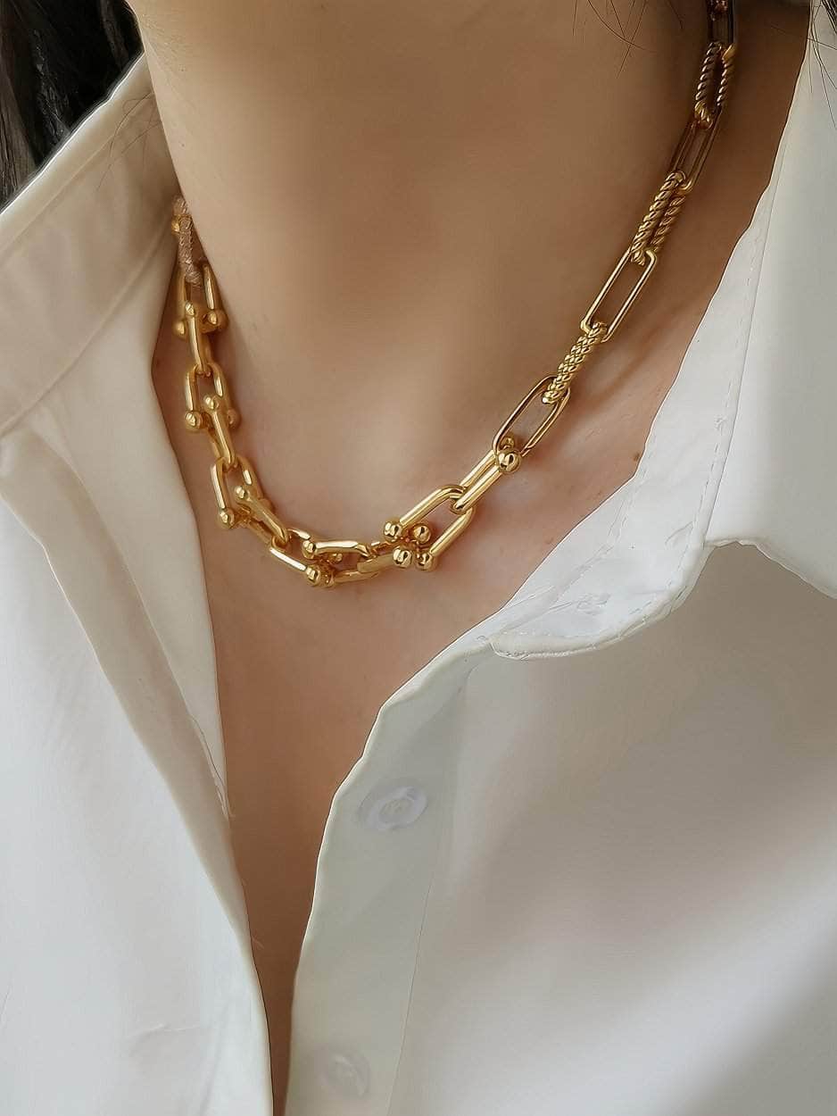 Gold Alternating Link Collar Rhinestone Accented Necklace