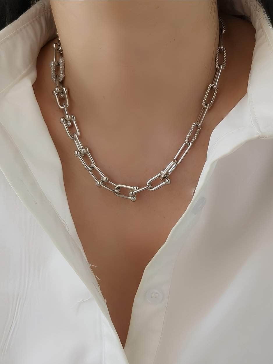 Gold Alternating Link Collar Rhinestone Accented Necklace Silver / Necklace