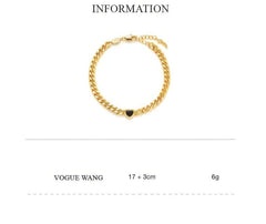 Gold Chunky Curb Chain Bracelet with Black Heart Detail Bracelet