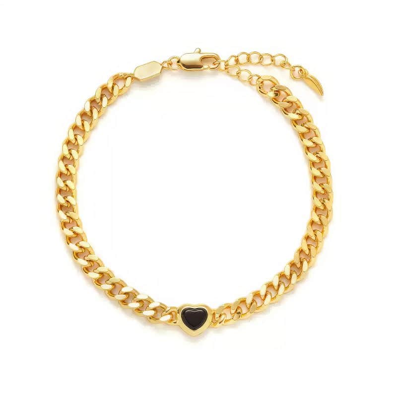 Gold Chunky Curb Chain Bracelet with Black Heart Detail Bracelet