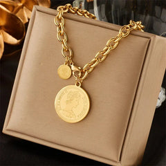 Gold Color Round Portrait Coin Necklace N1763