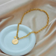Gold Color Round Portrait Coin Necklace N1763