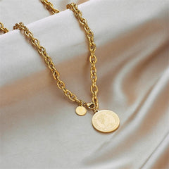 Gold Color Round Portrait Coin Necklace N1763