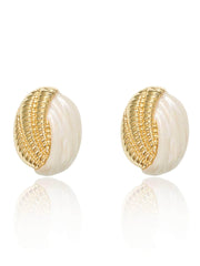 Gold Detailed Pearl SeaShell Stud Earrings Gold / Clip On
