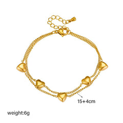 Gold Heart Love Charm Bracelet: Double Layer Trendy Jewelry B986