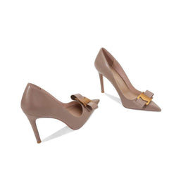 Gold Metal Embellished Bow Detailed Court Heels