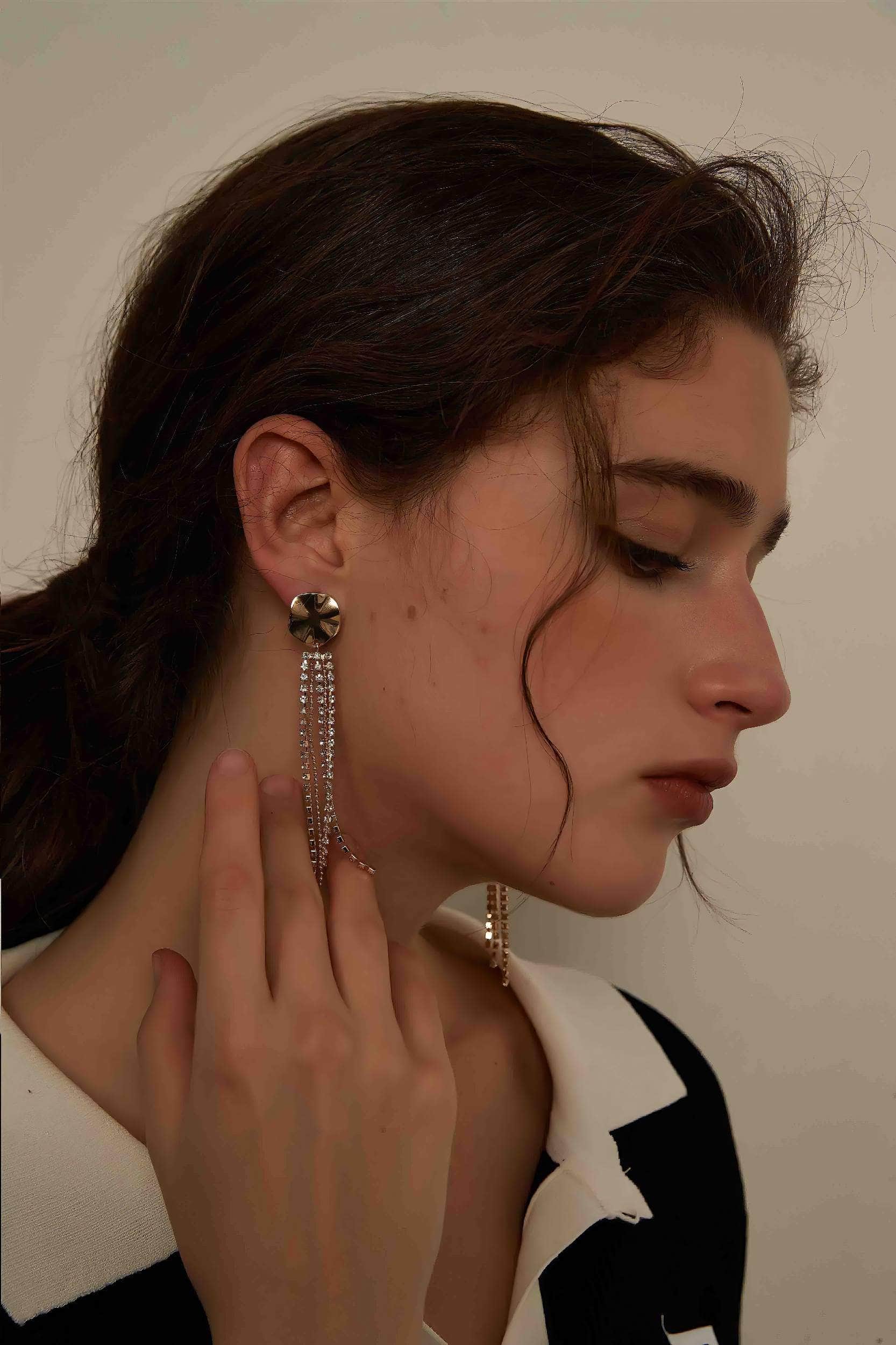 Gold-Plated Studded Tassel Rhinestone Earrings