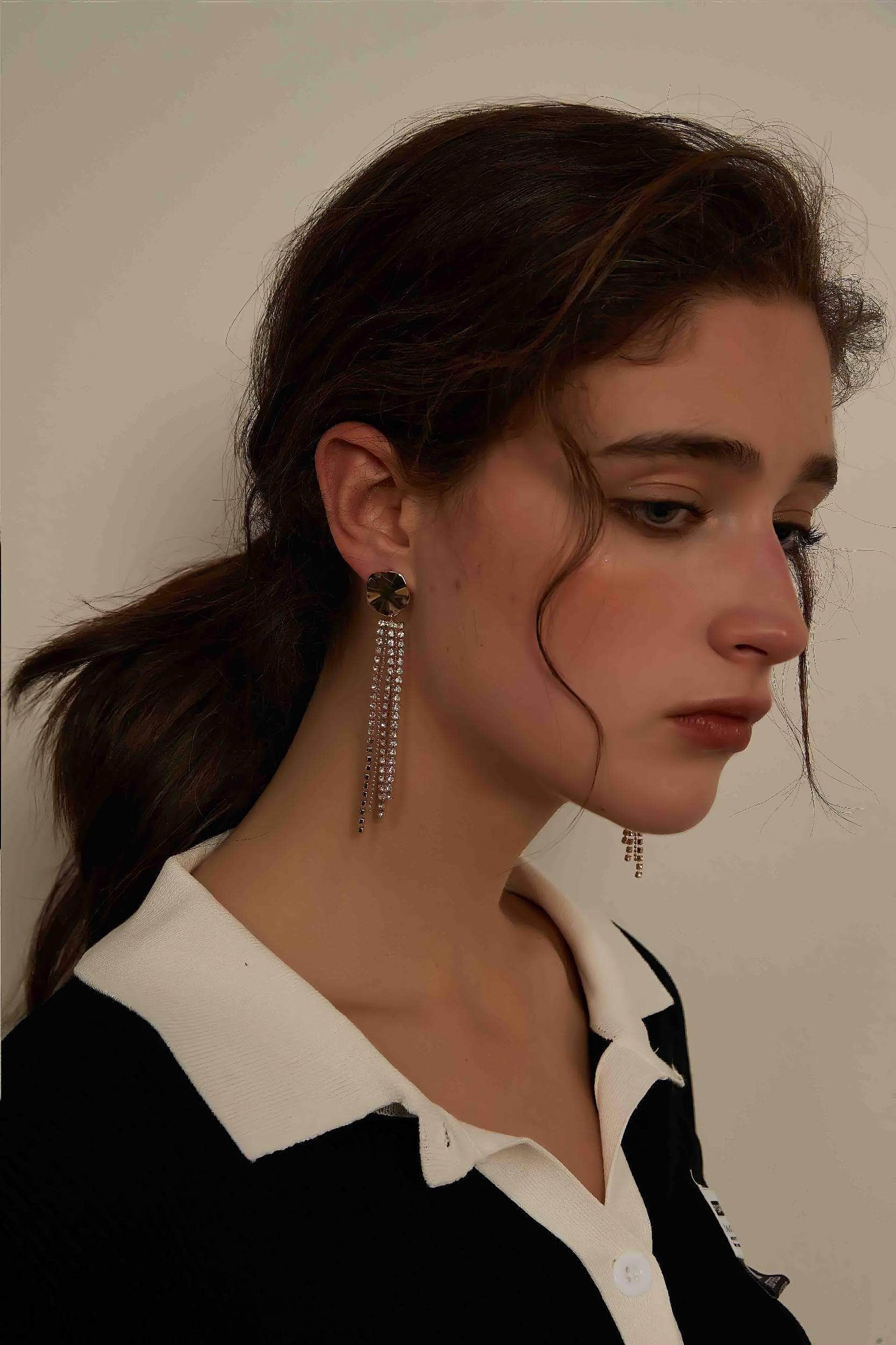 Gold-Plated Studded Tassel Rhinestone Earrings