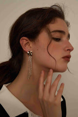Gold-Plated Studded Tassel Rhinestone Earrings Gold / Clip On