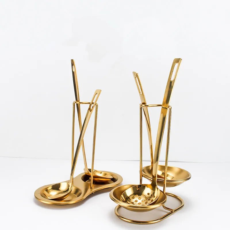 Gold Stainless Steel Kitchen Utensils Set with Storage Stand