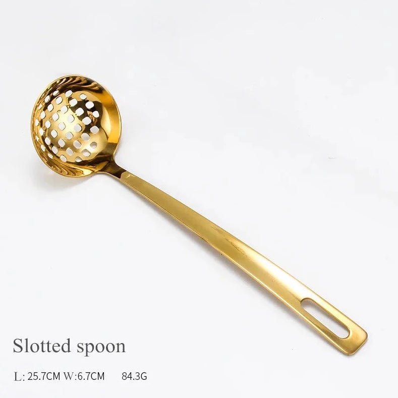Gold Stainless Steel Kitchen Utensils Set with Storage Stand b