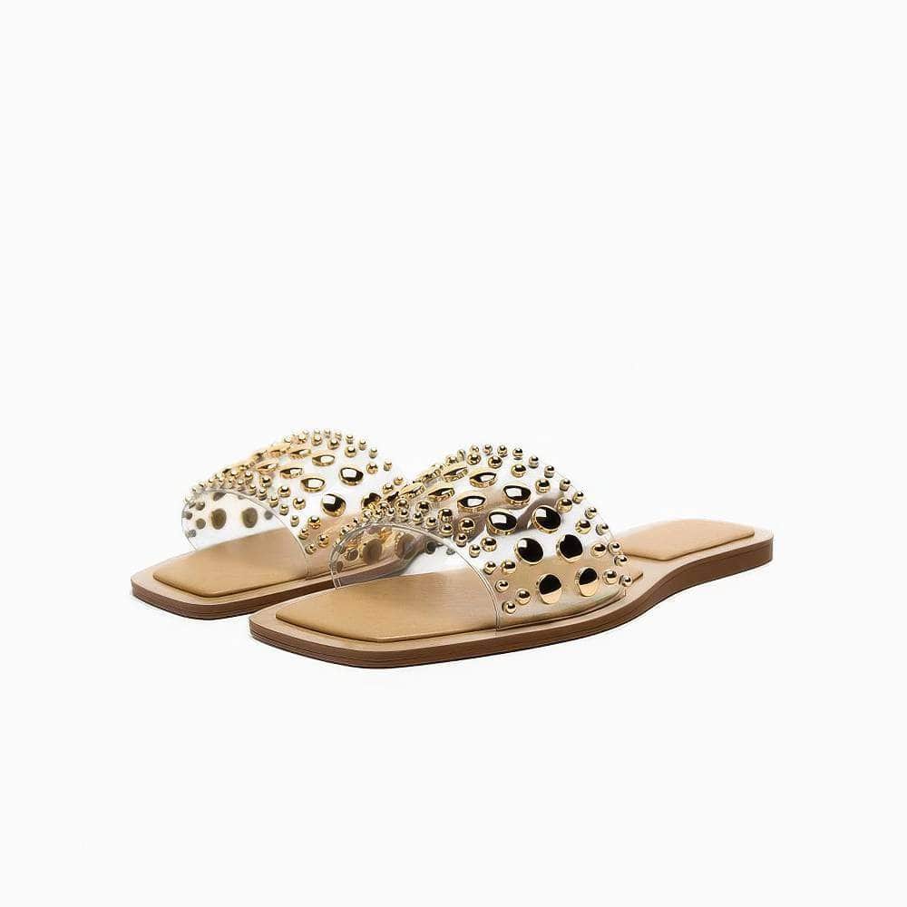 Gold Studded Embellished Slip On Flat Mules EU 34 / White