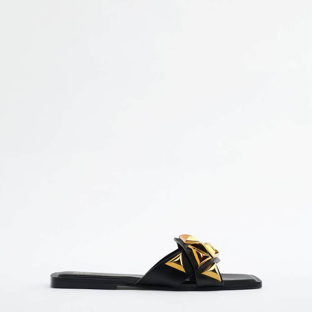 Gold Studded Slip On Flat Mules