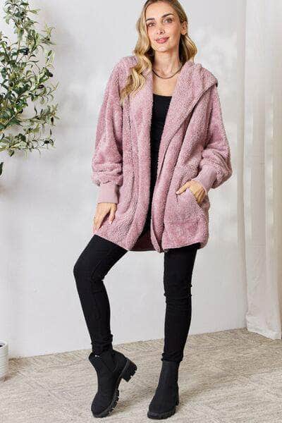 H&T Faux Fur Open Front Hooded Jacket DUSTY LILAC / One Size