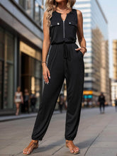 Half Zip Sleeveless Jumpsuit with Pockets Black / S