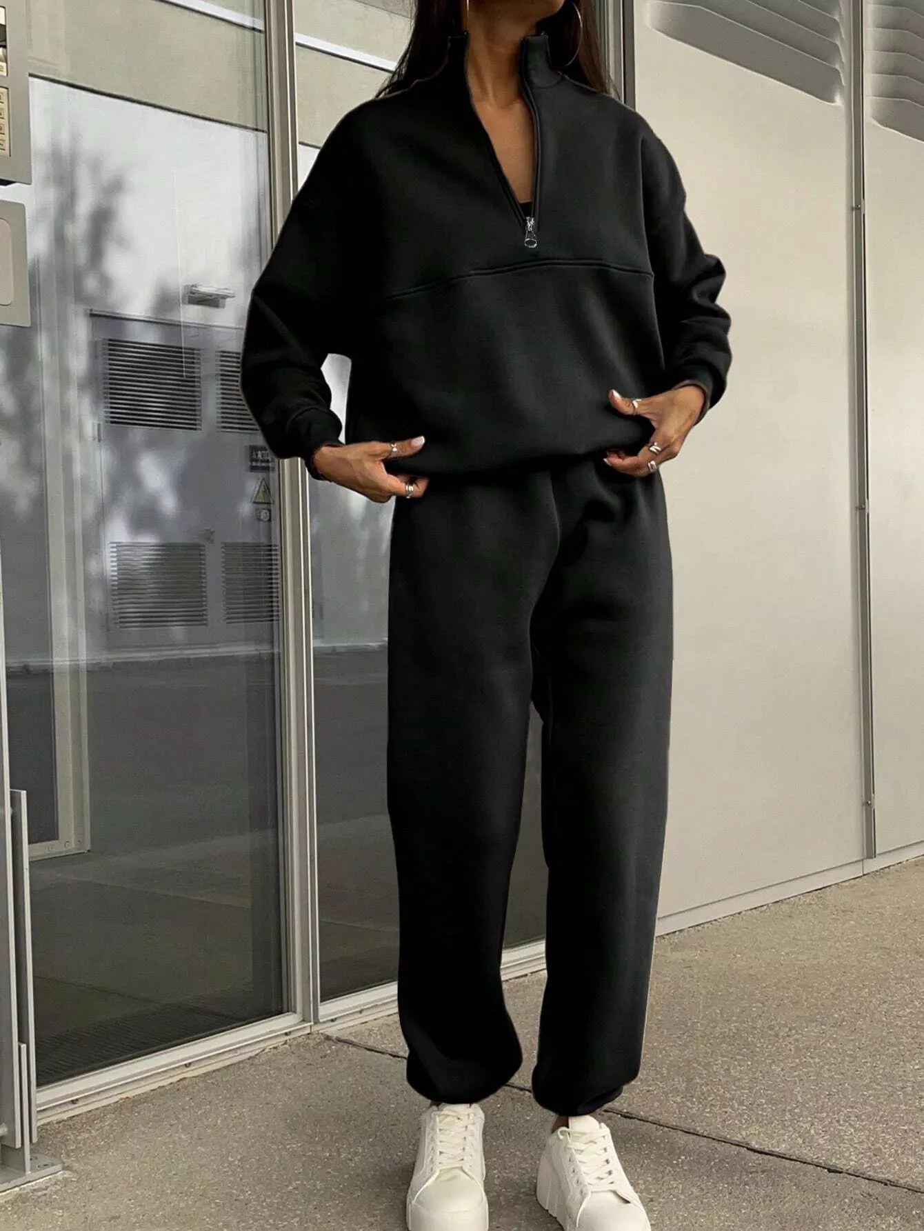 Half Zip Sweatshirt and Pants Set Black / S