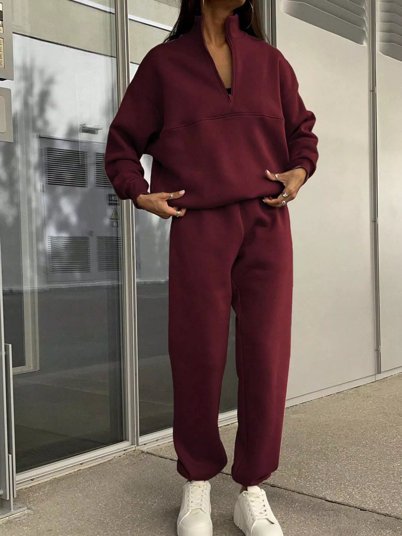 Half Zip Sweatshirt and Pants Set Burgundy / S