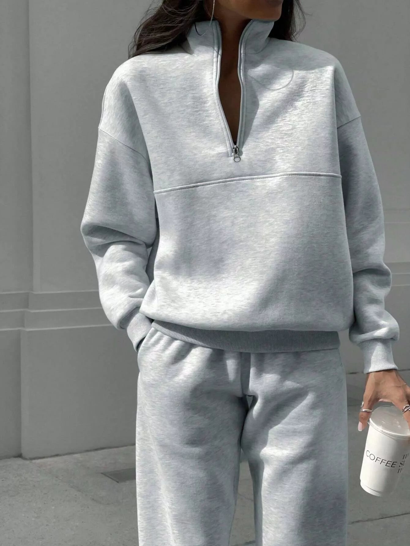 Half Zip Sweatshirt and Pants Set Light Gray / S