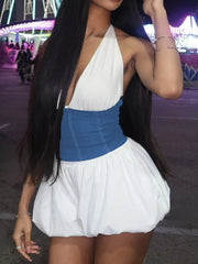 Halter Deep V-Neck Color Block Mini Dress