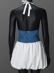 Halter Deep V-Neck Color Block Mini Dress