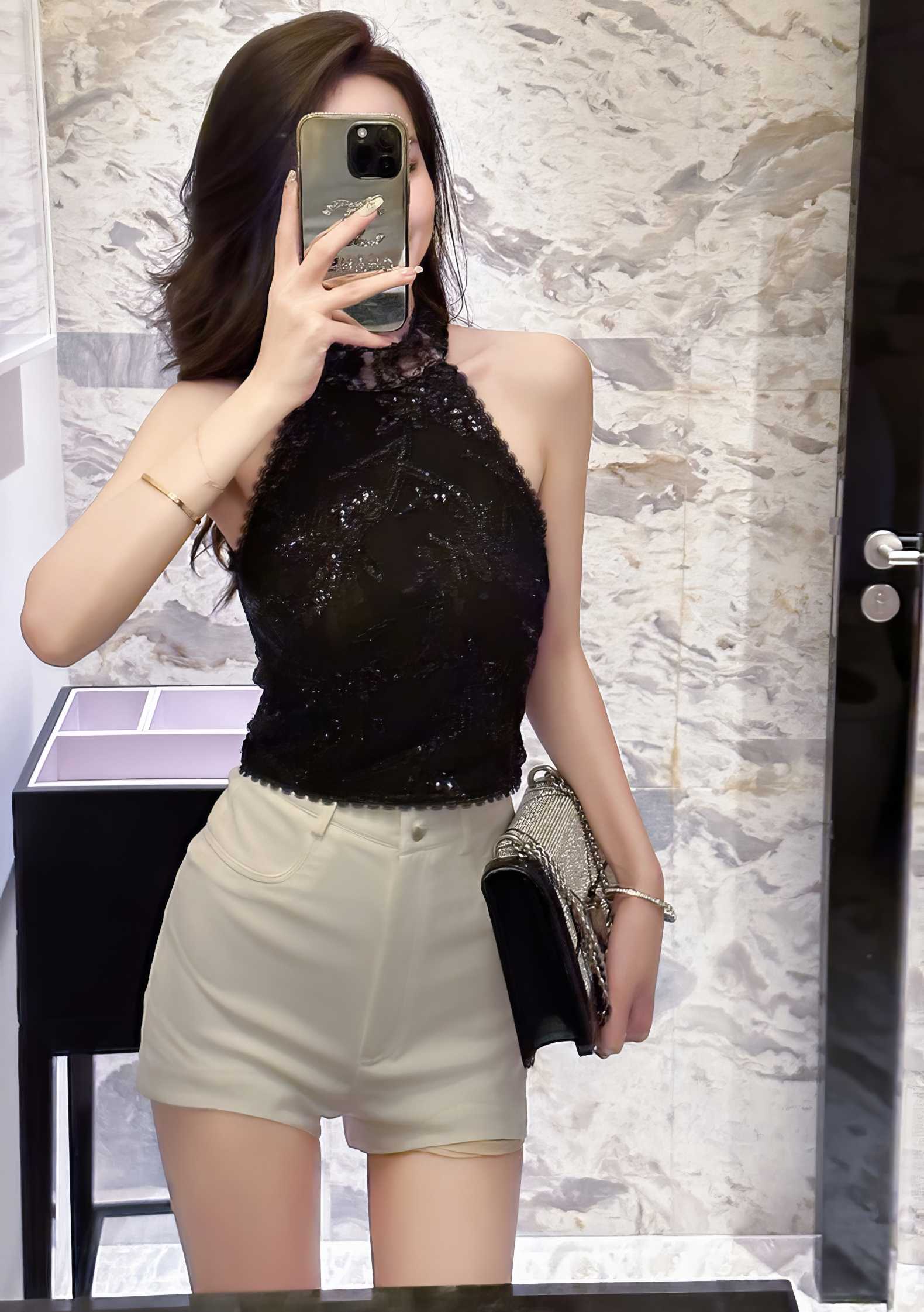Halter Neck Beaded Sequinned Top S / Black