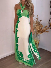 Halter Neck Leaf Print Maxi Dress Green / S