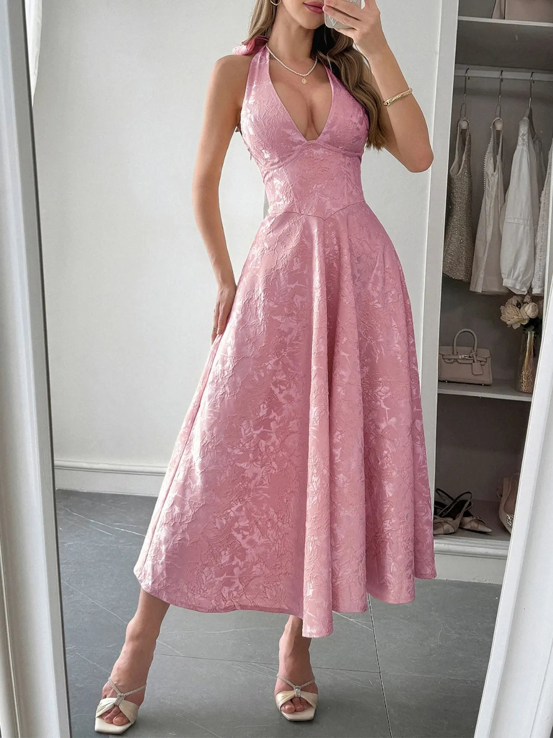 Halter Neck Midi Dress with Pockets Blush Pink / S