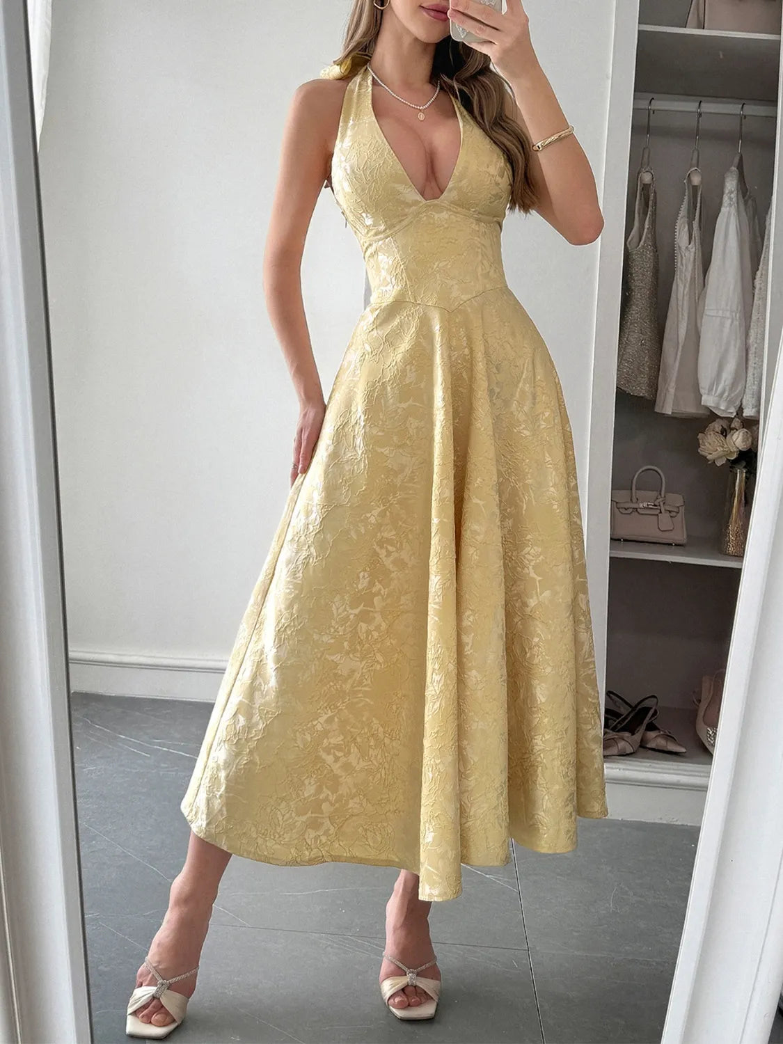 Halter Neck Midi Dress with Pockets Pastel Yellow / S