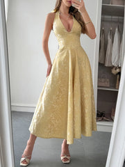 Halter Neck Midi Dress with Pockets Pastel Yellow / S
