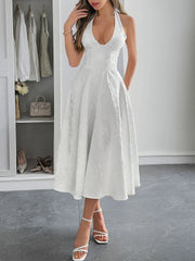 Halter Neck Midi Dress with Pockets White / S