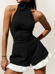 Halter Neck Ruffled Hem Romper Black / S