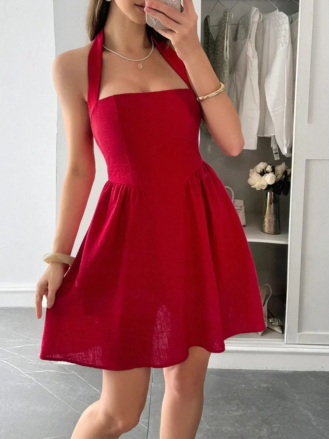 Halter Neck Summer Mini Dress Deep Red / S