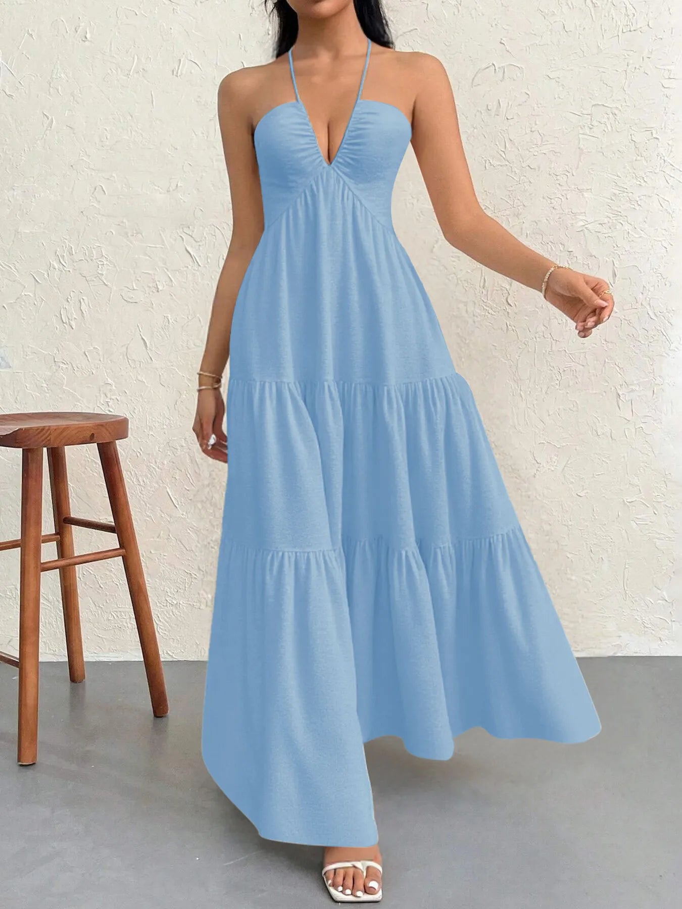 Halter Neck Tiered Maxi Dress Blue / S