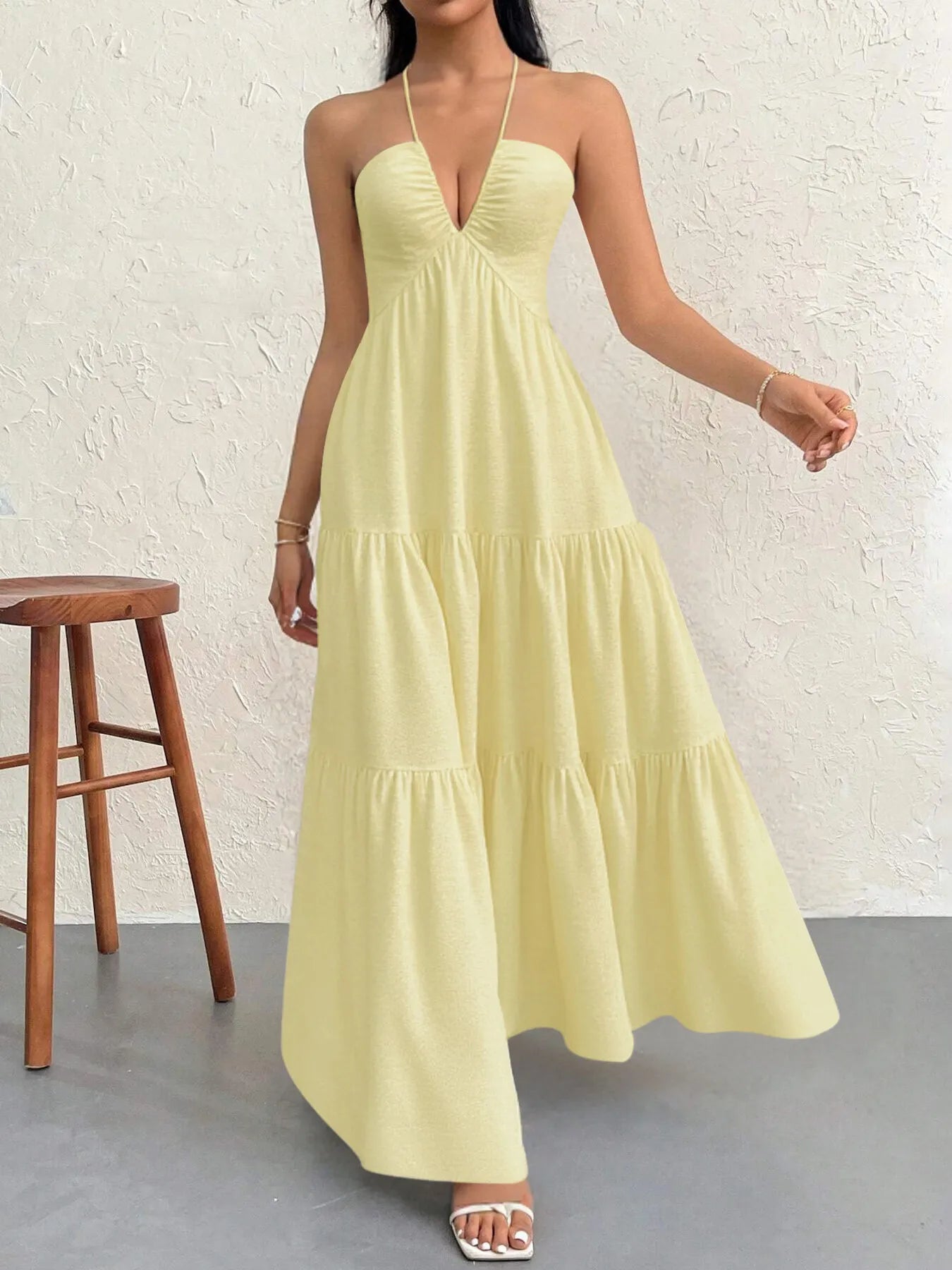 Halter Neck Tiered Maxi Dress Yellow / S