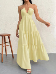 Halter Neck Tiered Maxi Dress Yellow / S