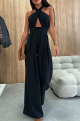 Halter Neck Wide Leg Jumpsuit with Keyhole Detail