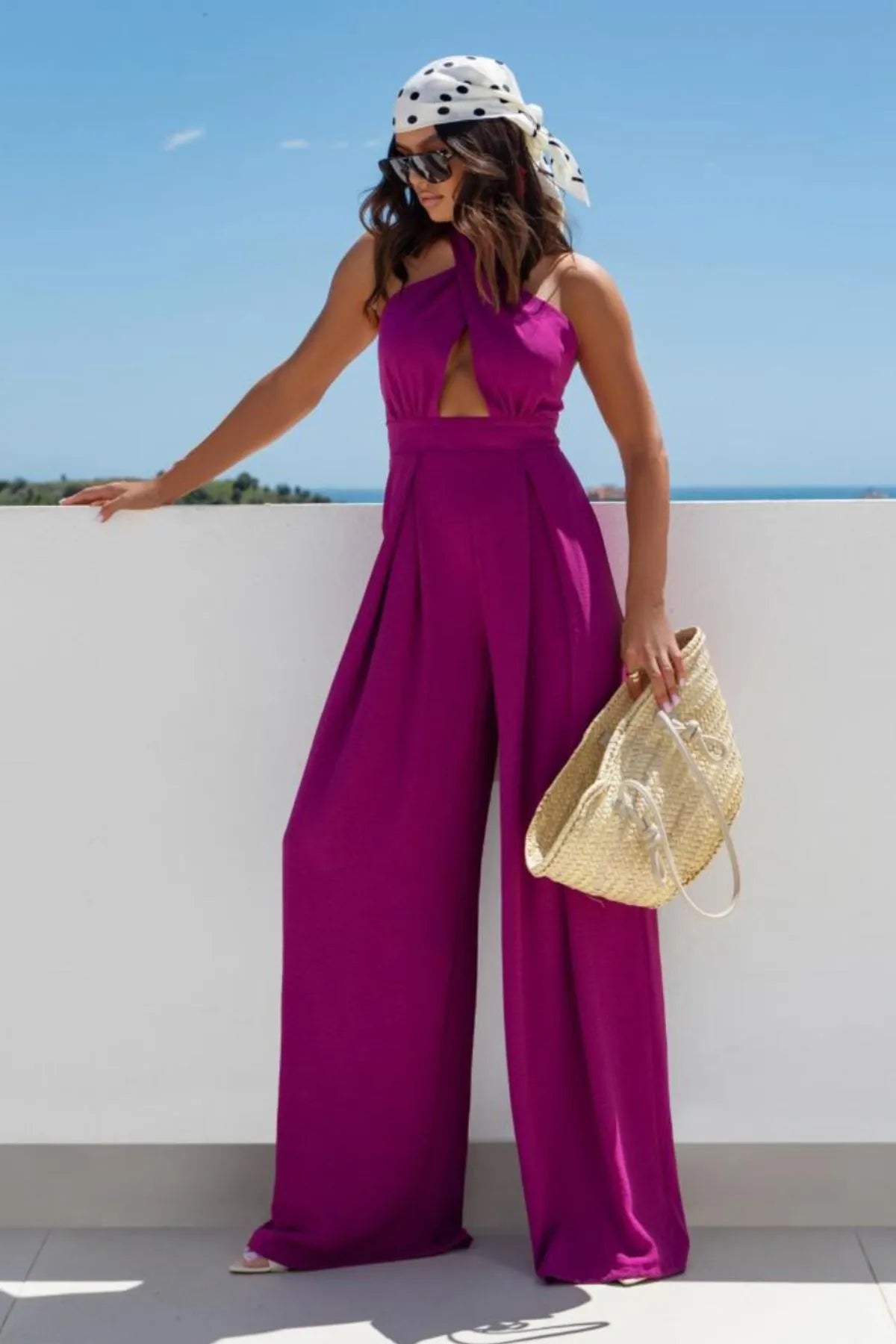 Halter Neck Wide Leg Jumpsuit with Keyhole Detail