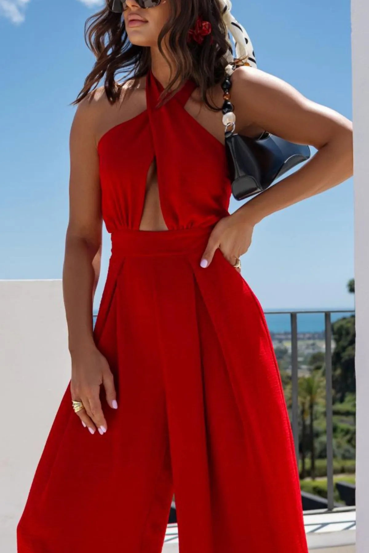 Halter Neck Wide Leg Jumpsuit with Keyhole Detail
