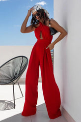 Halter Neck Wide Leg Jumpsuit with Keyhole Detail Red / S