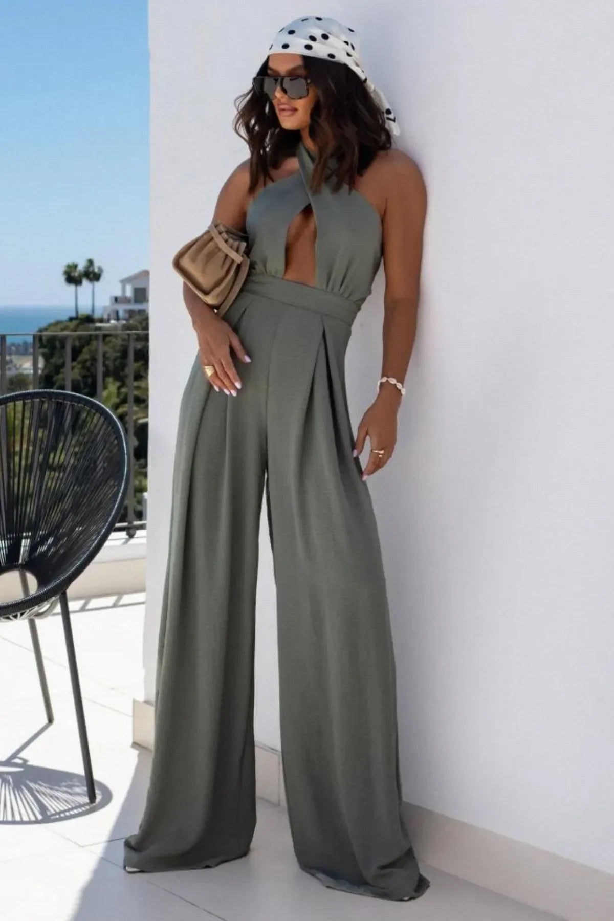 Halter Neck Wide Leg Jumpsuit with Keyhole Detail Sage / S