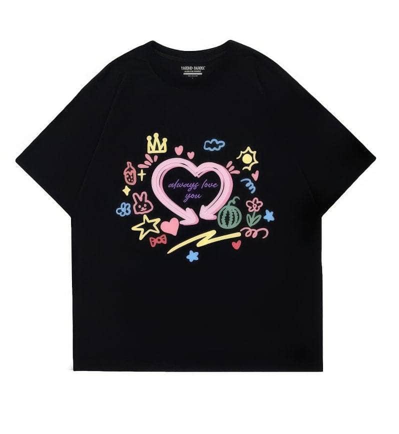 Hand-Drawn Design Loose Fit Graphic Tee US 4 / Black