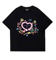 Hand-Drawn Design Loose Fit Graphic Tee US 4 / Black